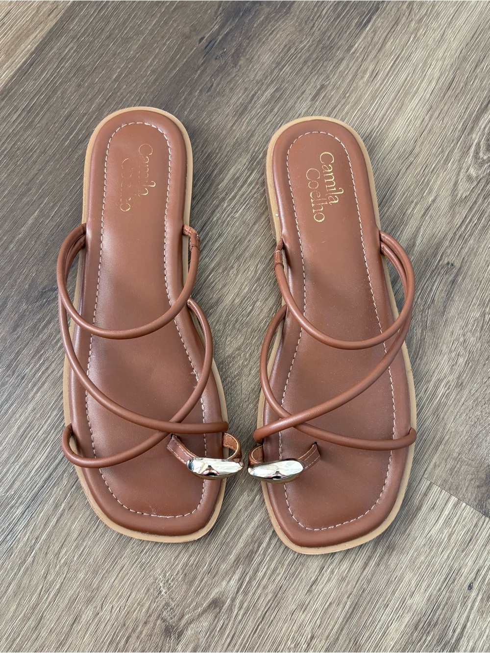 Camila Coelho Brown Strappy Gold Detail Sandals (Women’s Size 9.5)